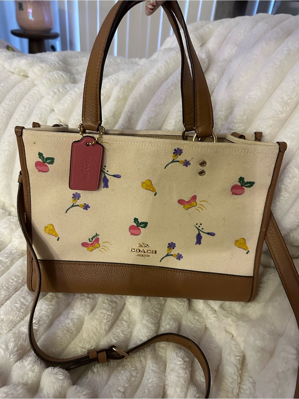 COACH Cream Floral Canvas Satchel with Brown Leather Trim and Pink Tag